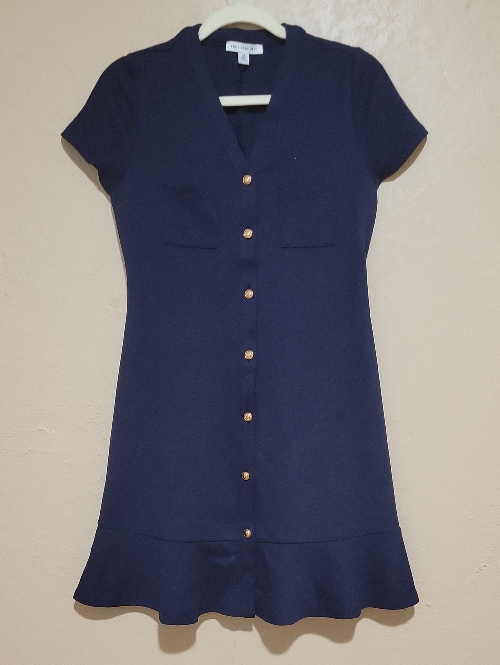 Free Assembly Navy Short-Sleeve Button-Front Mini Dress with Flounce Hem